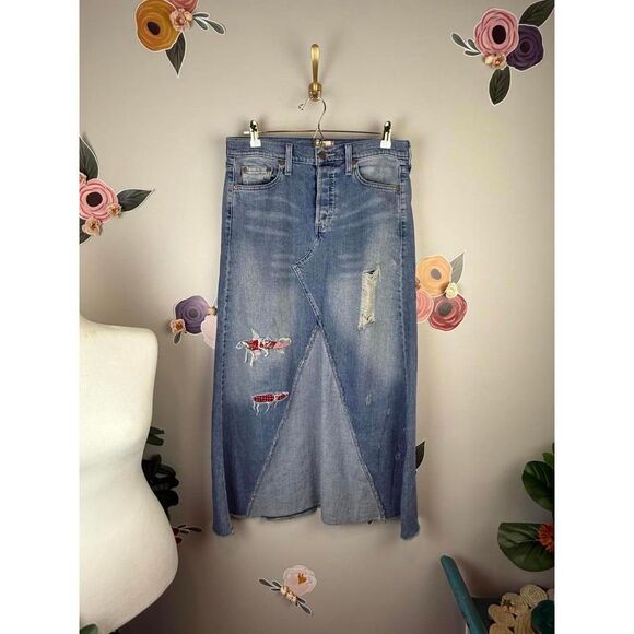 Vintage Levi's Distressed Denim Midi Skirt - Size - 5J - Picture 1 of 8